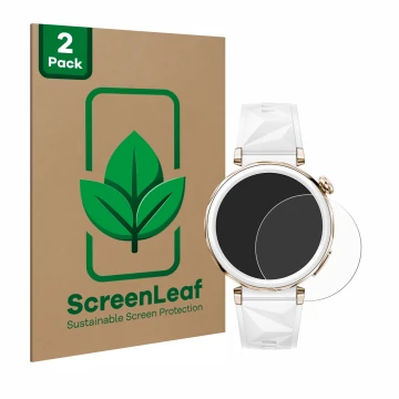 Parte frontale di una confezione del prodotto con il logo del marchio ScreenLeaf. Accanto è raffigurato il dispositivo Huawei 