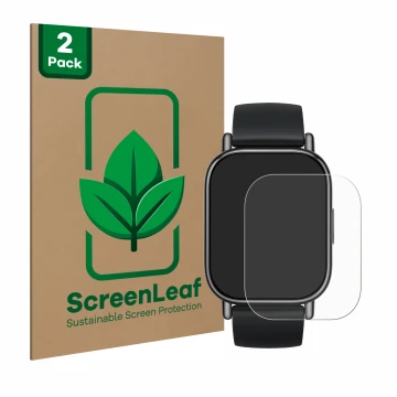 Parte frontale di una confezione del prodotto con il logo del marchio ScreenLeaf. Accanto è raffigurato il dispositivo Xiaomi 
