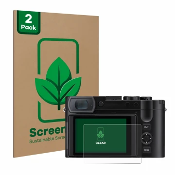 Parte frontale di una confezione del prodotto con il logo del marchio ScreenLeaf. Accanto è raffigurato il dispositivo Leica Q
