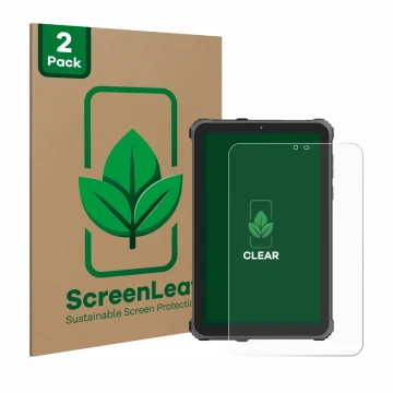 Parte frontale di una confezione del prodotto con il logo del marchio ScreenLeaf. Accanto è raffigurato il dispositivo Oukitel