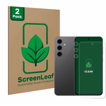 Parte frontale di una confezione del prodotto con il logo del marchio ScreenLeaf. Accanto è raffigurato il dispositivo Samsung