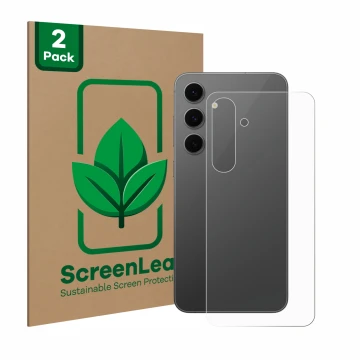 Parte frontale di una confezione del prodotto con il logo del marchio ScreenLeaf. Accanto è raffigurato il dispositivo Samsung