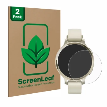 Parte frontale di una confezione del prodotto con il logo del marchio ScreenLeaf. Accanto è raffigurato il dispositivo Garmin 