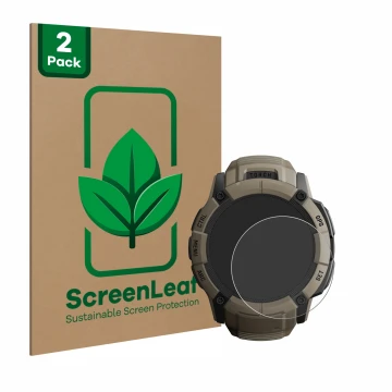 Parte frontale di una confezione del prodotto con il logo del marchio ScreenLeaf. Accanto è raffigurato il dispositivo Garmin 
