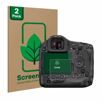 Parte frontale di una confezione del prodotto con il logo del marchio ScreenLeaf. Accanto è raffigurato il dispositivo Canon E