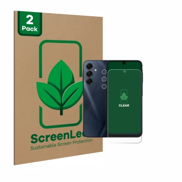 Parte frontale di una confezione del prodotto con il logo del marchio ScreenLeaf. Accanto è raffigurato il dispositivo Samsung