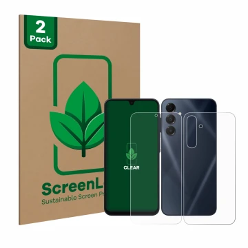 Parte frontale di una confezione del prodotto con il logo del marchio ScreenLeaf. Accanto è raffigurato il dispositivo Samsung