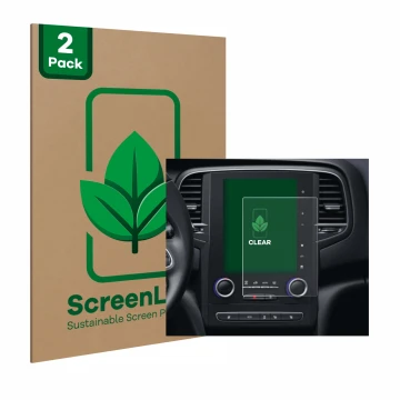 Parte frontale di una confezione del prodotto con il logo del marchio ScreenLeaf. Accanto è raffigurato il dispositivo Renault