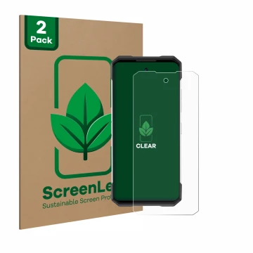 Parte frontale di una confezione del prodotto con il logo del marchio ScreenLeaf. Accanto è raffigurato il dispositivo Doogee 