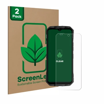 Parte frontale di una confezione del prodotto con il logo del marchio ScreenLeaf. Accanto è raffigurato il dispositivo Doogee 