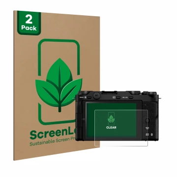 Parte frontale di una confezione del prodotto con il logo del marchio ScreenLeaf. Accanto è raffigurato il dispositivo Fujifil