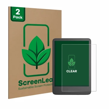 Parte frontale di una confezione del prodotto con il logo del marchio ScreenLeaf. Accanto è raffigurato il dispositivo Amazon 