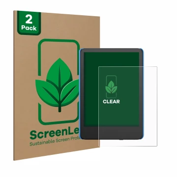 Parte frontale di una confezione del prodotto con il logo del marchio ScreenLeaf. Accanto è raffigurato il dispositivo Amazon 