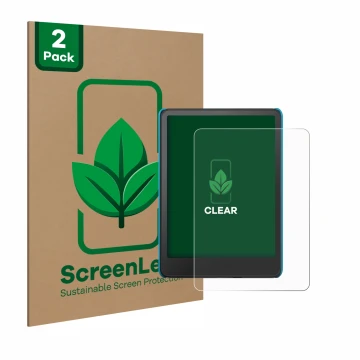 Parte frontale di una confezione del prodotto con il logo del marchio ScreenLeaf. Accanto è raffigurato il dispositivo Amazon 