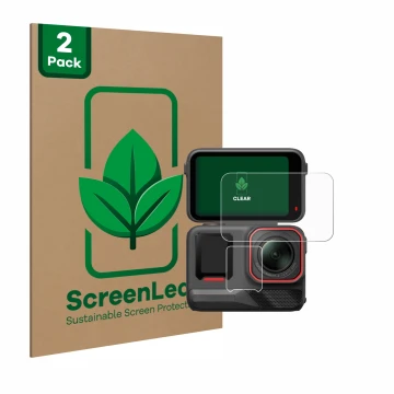 Parte frontale di una confezione del prodotto con il logo del marchio ScreenLeaf. Accanto è raffigurato il dispositivo Insta36