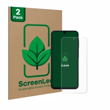 Parte frontale di una confezione del prodotto con il logo del marchio ScreenLeaf. Accanto è raffigurato il dispositivo Samsung