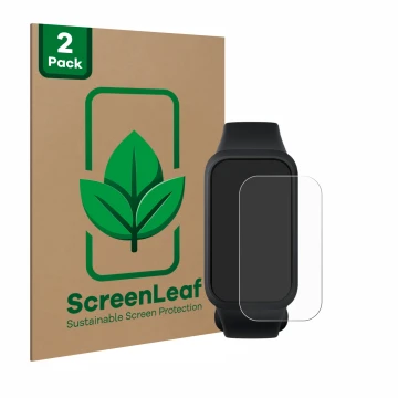 Parte frontale di una confezione del prodotto con il logo del marchio ScreenLeaf. Accanto è raffigurato il dispositivo Xiaomi 