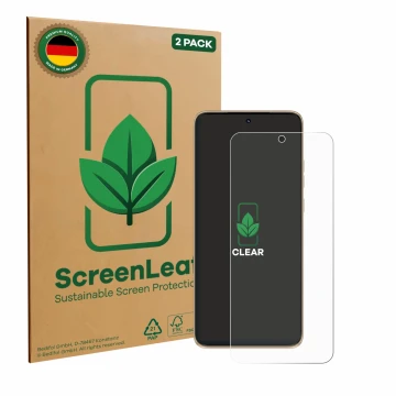 Parte frontale di una confezione del prodotto con il logo del marchio ScreenLeaf. Accanto è raffigurato il dispositivo Motorol