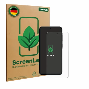 Parte frontale di una confezione del prodotto con il logo del marchio ScreenLeaf. Accanto è raffigurato il dispositivo Samsung