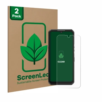 Parte frontale di una confezione del prodotto con il logo del marchio ScreenLeaf. Accanto è raffigurato il dispositivo Oukitel