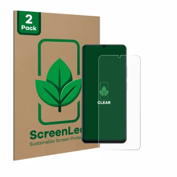 Parte frontale di una confezione del prodotto con il logo del marchio ScreenLeaf. Accanto è raffigurato il dispositivo realme 