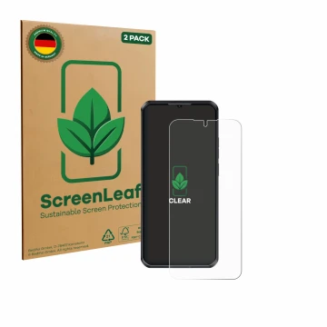 Parte frontale di una confezione del prodotto con il logo del marchio ScreenLeaf. Accanto è raffigurato il dispositivo Oukitel