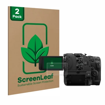 Parte frontale di una confezione del prodotto con il logo del marchio ScreenLeaf. Accanto è raffigurato il dispositivo Canon E