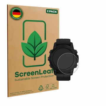 Parte frontale di una confezione del prodotto con il logo del marchio ScreenLeaf. Accanto è raffigurato il dispositivo Garmin 