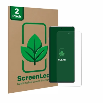 Parte frontale di una confezione del prodotto con il logo del marchio ScreenLeaf. Accanto è raffigurato il dispositivo OnePlus
