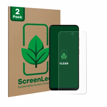 Parte frontale di una confezione del prodotto con il logo del marchio ScreenLeaf. Accanto è raffigurato il dispositivo Motorol