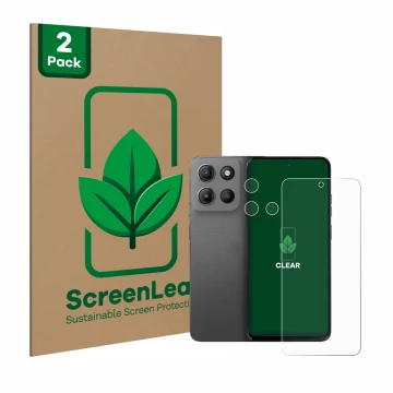 Parte frontale di una confezione del prodotto con il logo del marchio ScreenLeaf. Accanto è raffigurato il dispositivo Motorol