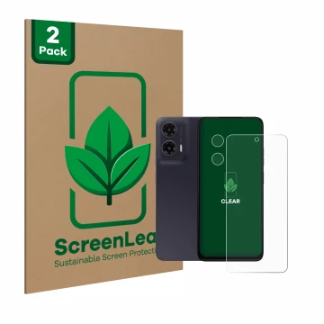 Parte frontale di una confezione del prodotto con il logo del marchio ScreenLeaf. Accanto è raffigurato il dispositivo Motorol