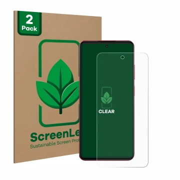 Parte frontale di una confezione del prodotto con il logo del marchio ScreenLeaf. Accanto è raffigurato il dispositivo realme 