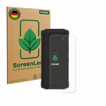 Parte frontale di una confezione del prodotto con il logo del marchio ScreenLeaf. Accanto è raffigurato il dispositivo Doogee 