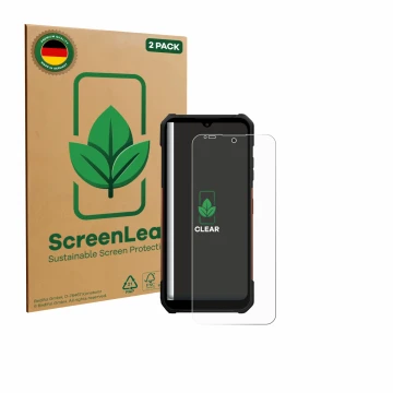Parte frontale di una confezione del prodotto con il logo del marchio ScreenLeaf. Accanto è raffigurato il dispositivo myPhone