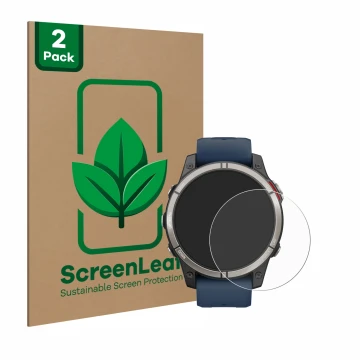 Parte frontale di una confezione del prodotto con il logo del marchio ScreenLeaf. Accanto è raffigurato il dispositivo Garmin 