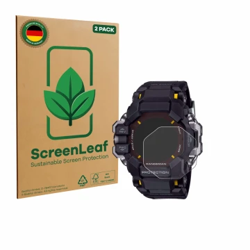 Parte frontale di una confezione del prodotto con il logo del marchio ScreenLeaf. Accanto è raffigurato il dispositivo Casio G