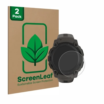 Parte frontale di una confezione del prodotto con il logo del marchio ScreenLeaf. Accanto è raffigurato il dispositivo Garmin 