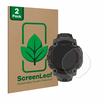 Parte frontale di una confezione del prodotto con il logo del marchio ScreenLeaf. Accanto è raffigurato il dispositivo Garmin 