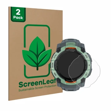 Parte frontale di una confezione del prodotto con il logo del marchio ScreenLeaf. Accanto è raffigurato il dispositivo Garmin 