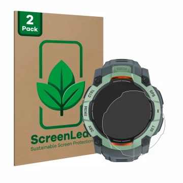 Parte frontale di una confezione del prodotto con il logo del marchio ScreenLeaf. Accanto è raffigurato il dispositivo Garmin 
