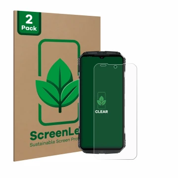 Parte frontale di una confezione del prodotto con il logo del marchio ScreenLeaf. Accanto è raffigurato il dispositivo Doogee 
