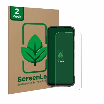 Parte frontale di una confezione del prodotto con il logo del marchio ScreenLeaf. Accanto è raffigurato il dispositivo Doogee 