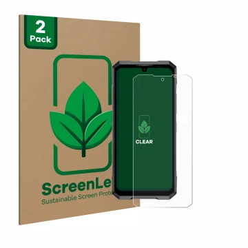 Parte frontale di una confezione del prodotto con il logo del marchio ScreenLeaf. Accanto è raffigurato il dispositivo Doogee 