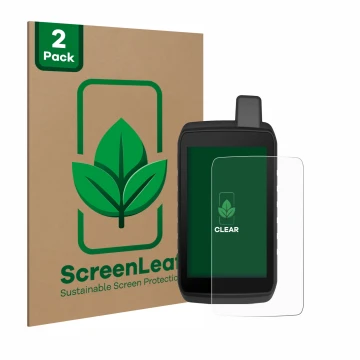 Parte frontale di una confezione del prodotto con il logo del marchio ScreenLeaf. Accanto è raffigurato il dispositivo Garmin 