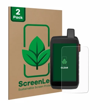 Parte frontale di una confezione del prodotto con il logo del marchio ScreenLeaf. Accanto è raffigurato il dispositivo Garmin 