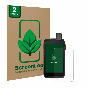 Parte frontale di una confezione del prodotto con il logo del marchio ScreenLeaf. Accanto è raffigurato il dispositivo Garmin 