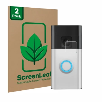 Parte frontale di una confezione del prodotto con il logo del marchio ScreenLeaf. Accanto è raffigurato il dispositivo Ring Ba
