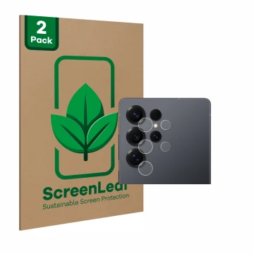 Parte frontale di una confezione del prodotto con il logo del marchio ScreenLeaf. Accanto è raffigurato il dispositivo Samsung