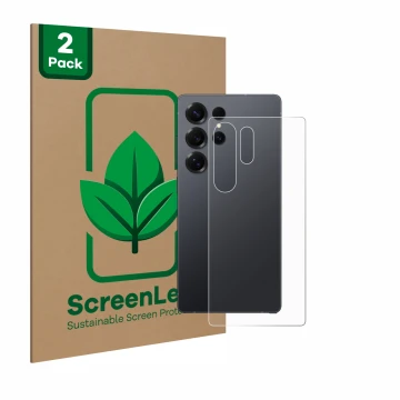 Parte frontale di una confezione del prodotto con il logo del marchio ScreenLeaf. Accanto è raffigurato il dispositivo Samsung